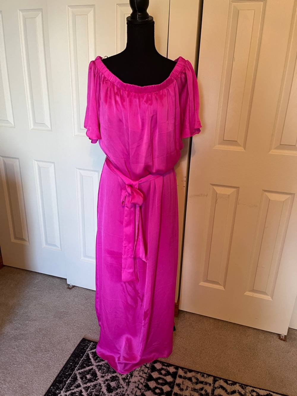 Trina Turk Bright Fuchsia Off-Shoulder Maxi Dress with Waist Tie, NWT